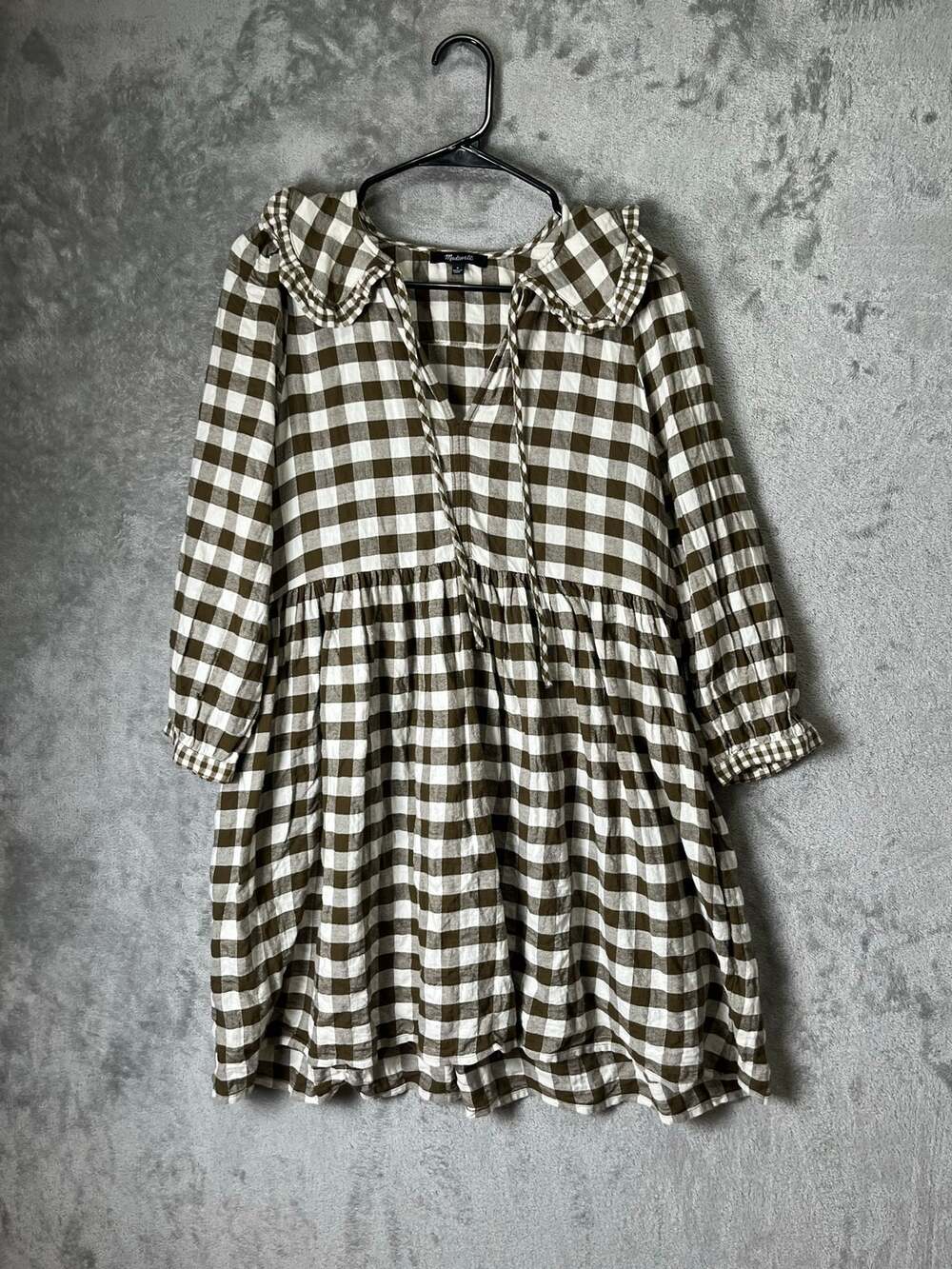 Madewell Gingham Collared Puff-Sleeve Mini Baby Doll Dress Peter Pan Collar S
